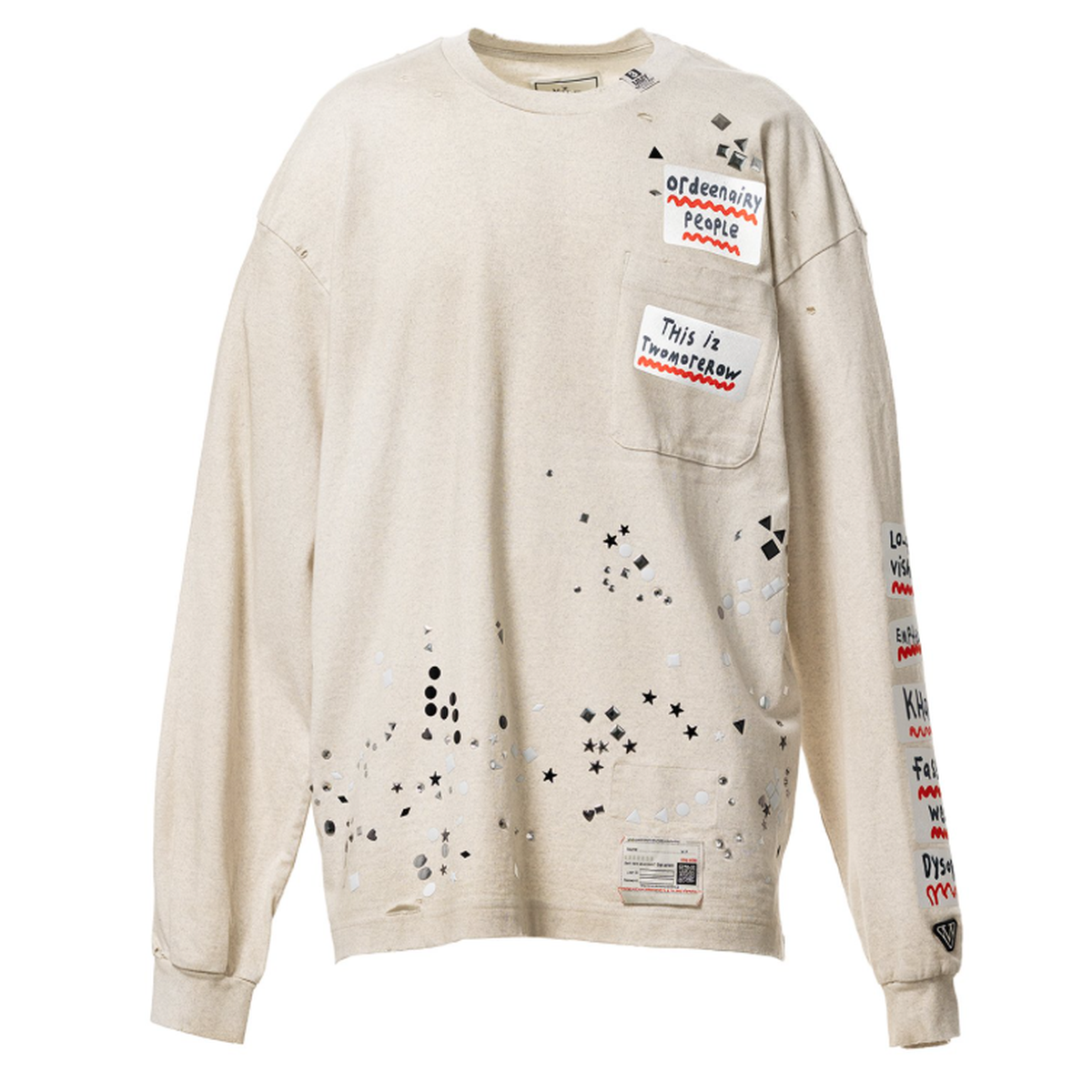 Maison Mihara Embellished Sticker Long Sleeve White T-shirt