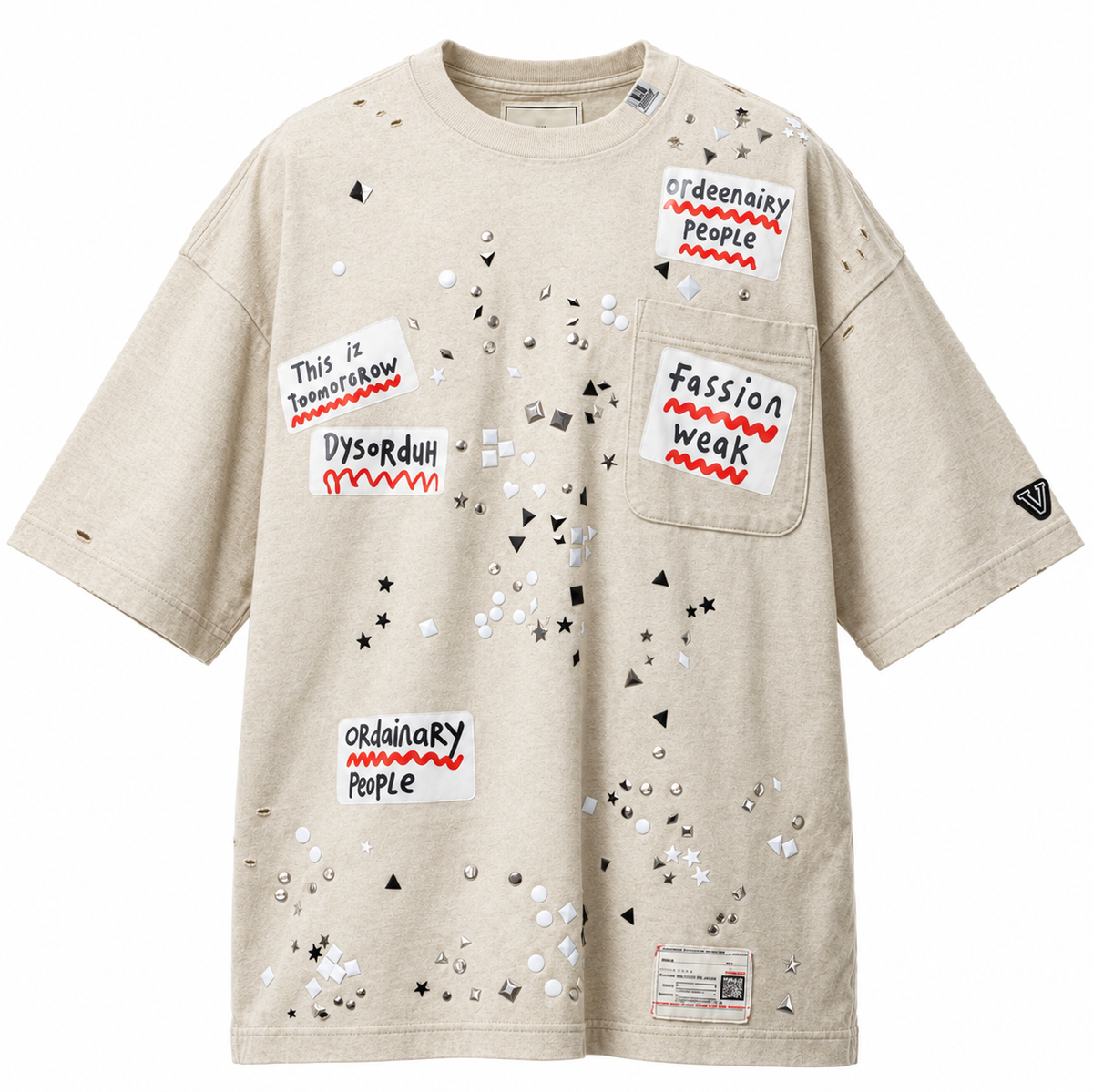 Maison Mihara Embellished Sticker Beige T-shirt
