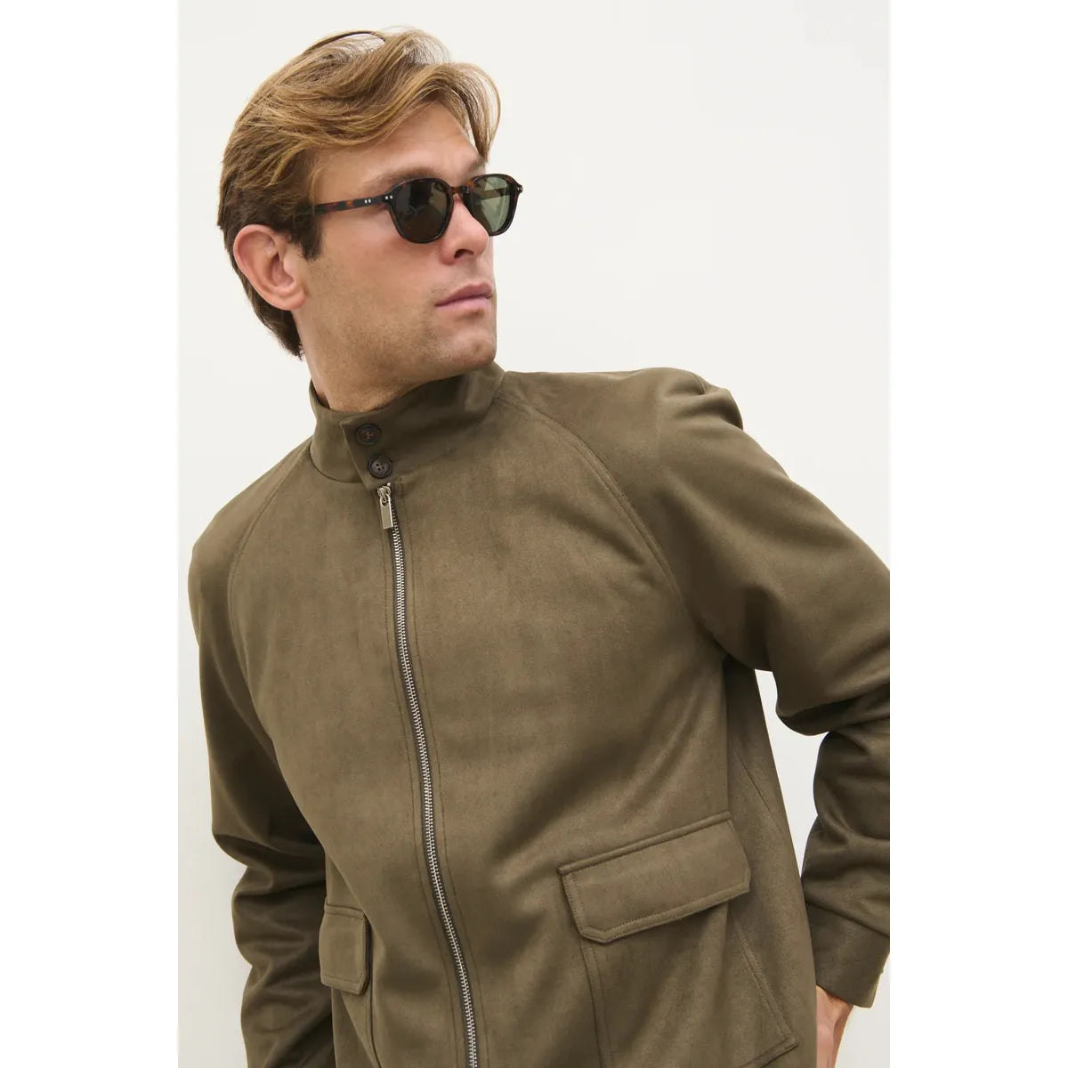 NOBL Rayne Suede Funnel Neck Jacket Dark Olive