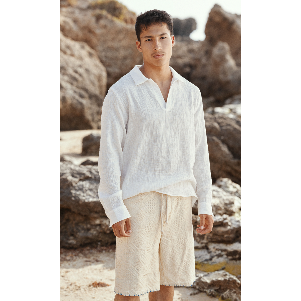 MC2 Saint Barth Ventotene Waffle Cotton Long-Sleeve Polo Shirt in White
