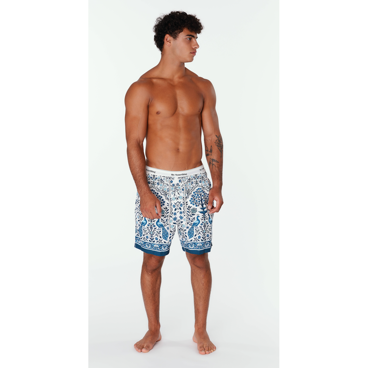 MC2 Saint Barth White Gustavia Swim Shorts with Contrasting Peacock Print