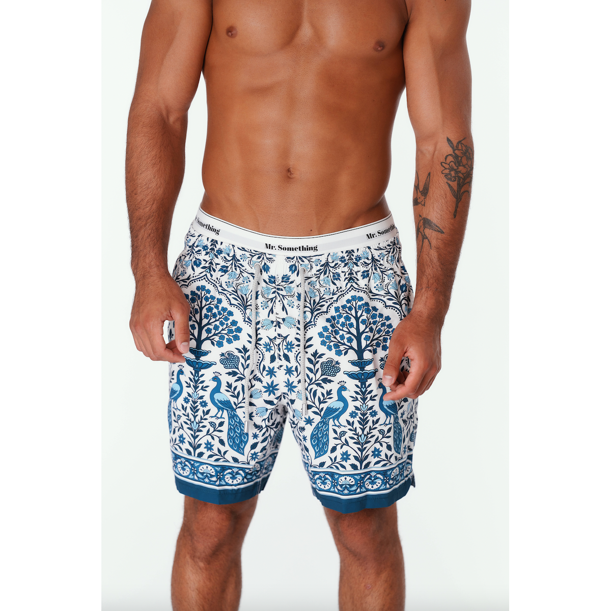 MC2 Saint Barth White Gustavia Swim Shorts with Contrasting Peacock Print