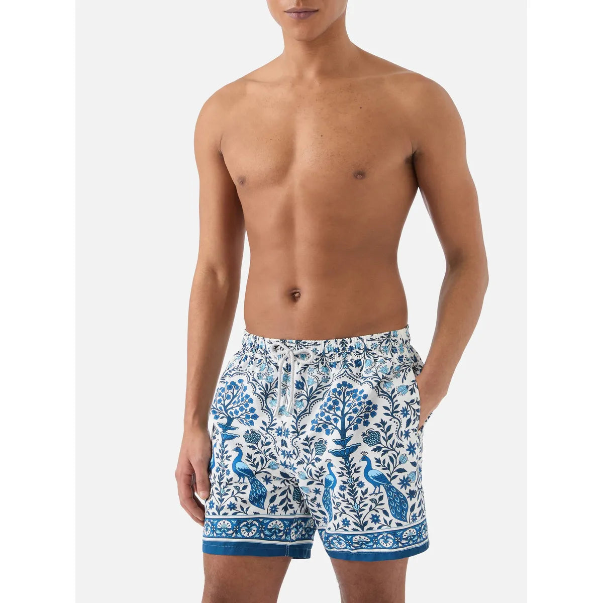 MC2 Saint Barth Gustavia white swim shorts with contrasting peacock print