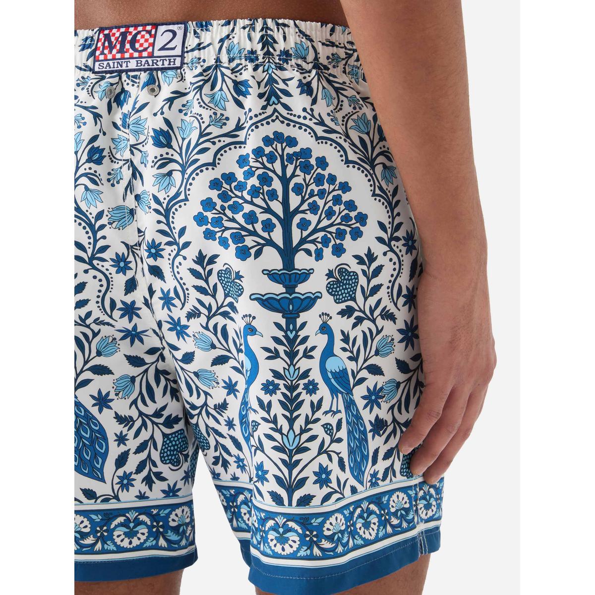 MC2 Saint Barth Gustavia white swim shorts with contrasting peacock print