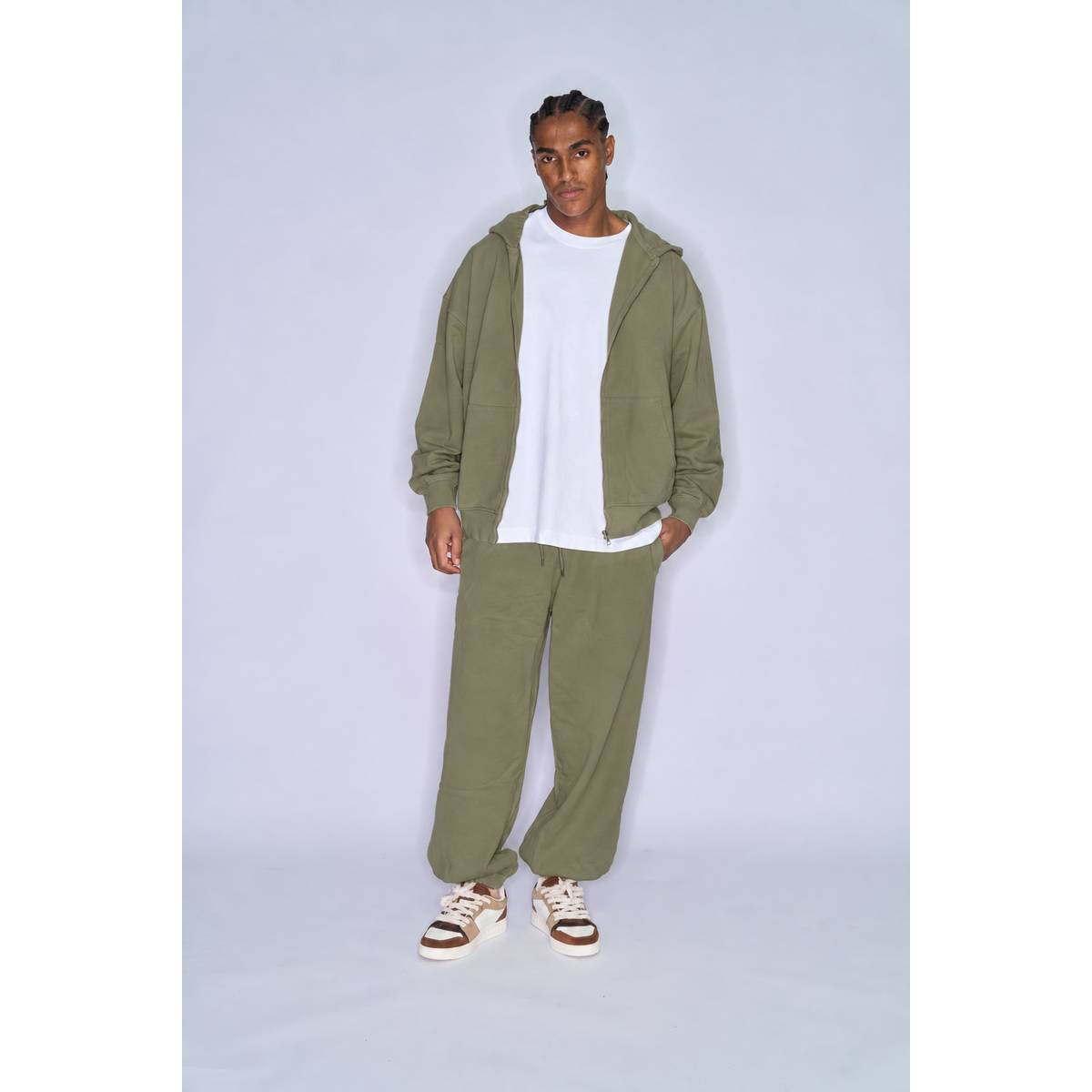 Colorful Standard Dusty Olive set – full look on model
