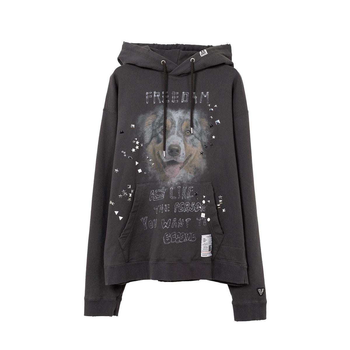Maison Mihara Dog Printed Embellished Distressed Black Hoodie
