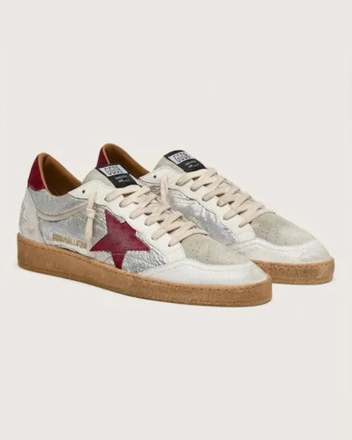 Golden Goose Ball Star Sneakers in Silver and Red