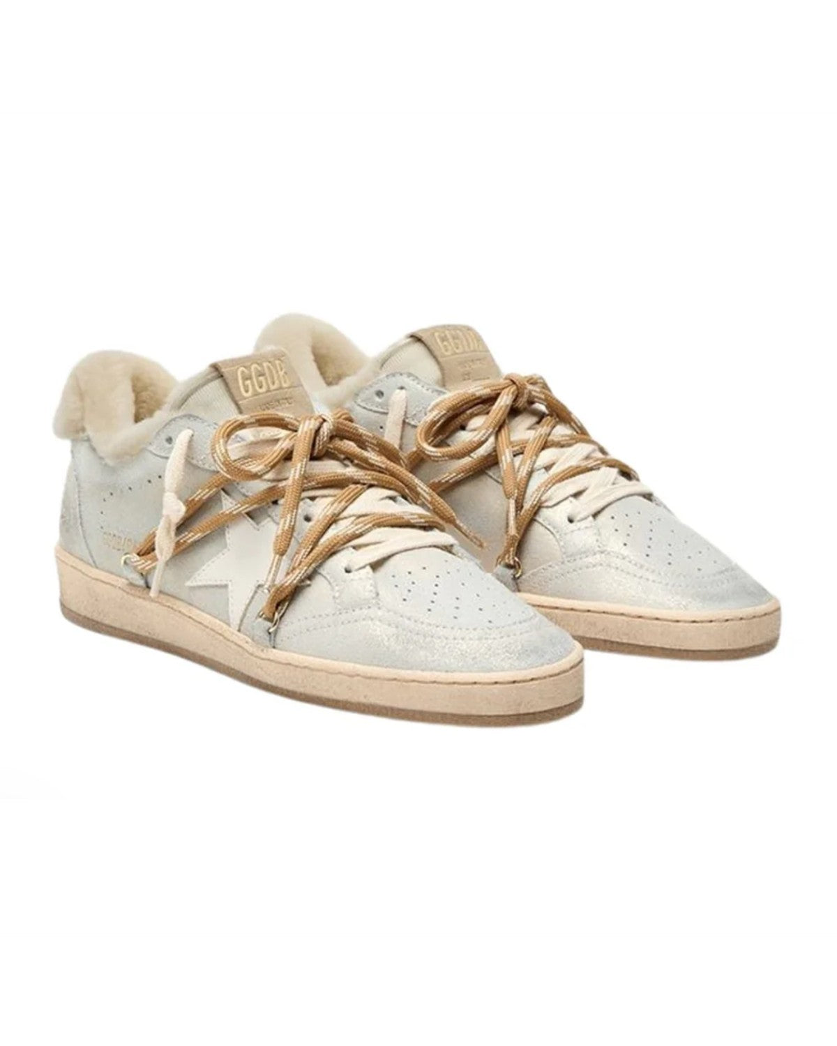 Golden Goose Ball Star Shimmer Suede Sneakers in Platinum and Beige