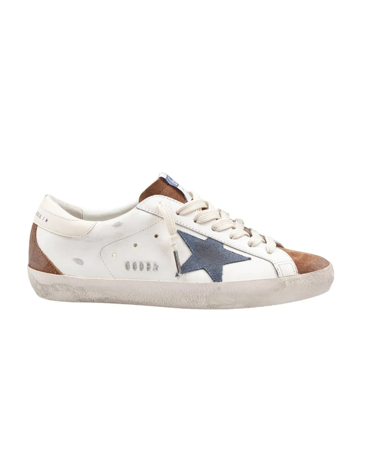 Golden Goose Super-Star Sneakers in White, Brown and Denim
