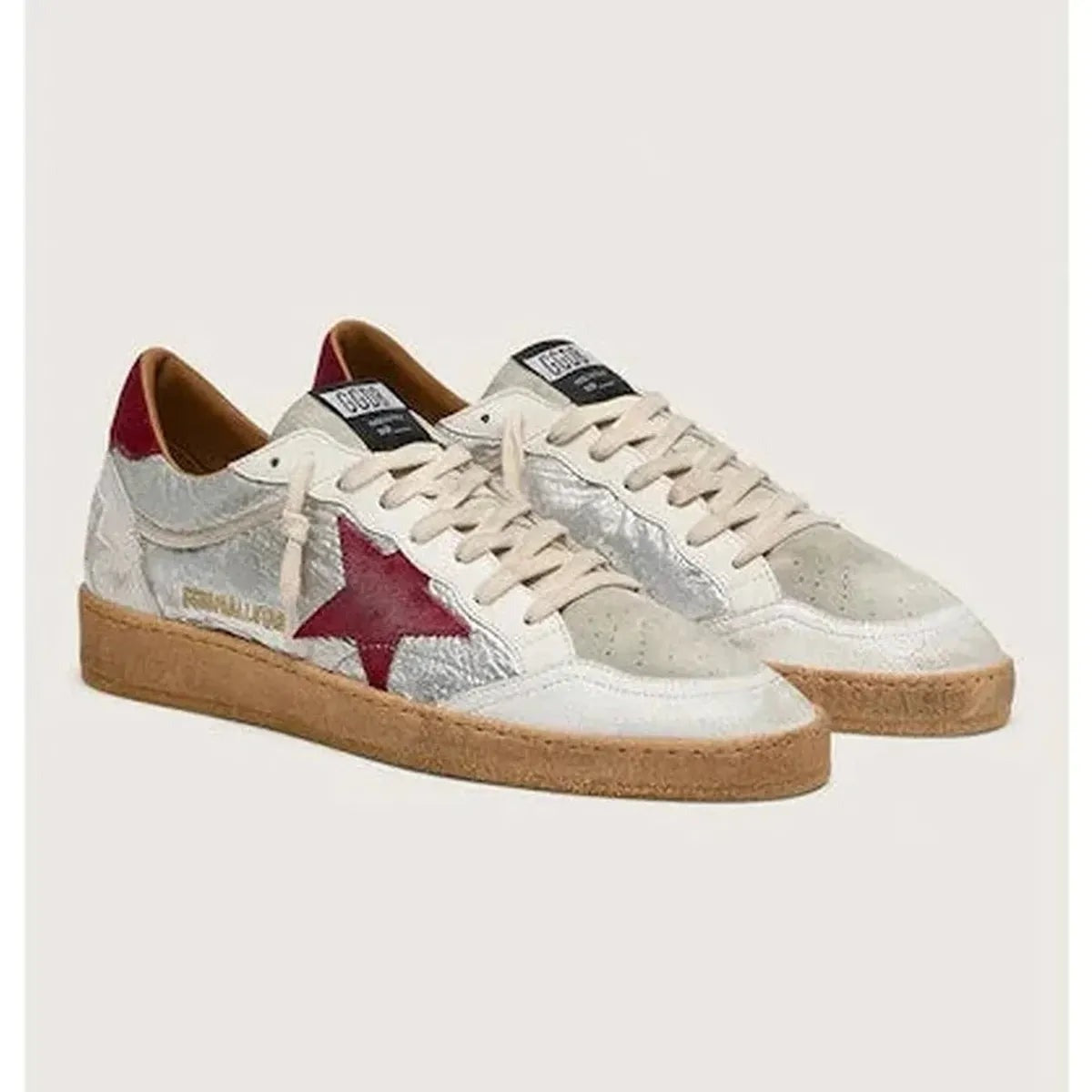 Golden Goose Ball Star Sneakers in Silver and Red