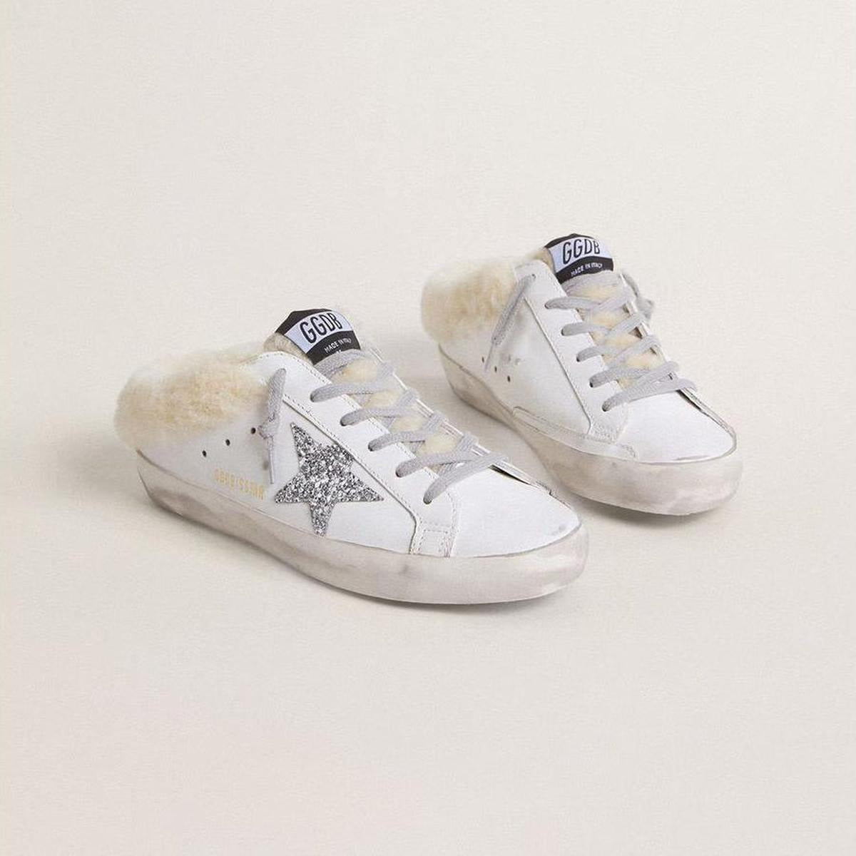 Golden Goose Super-Star Sabot in White, Silver and Beige