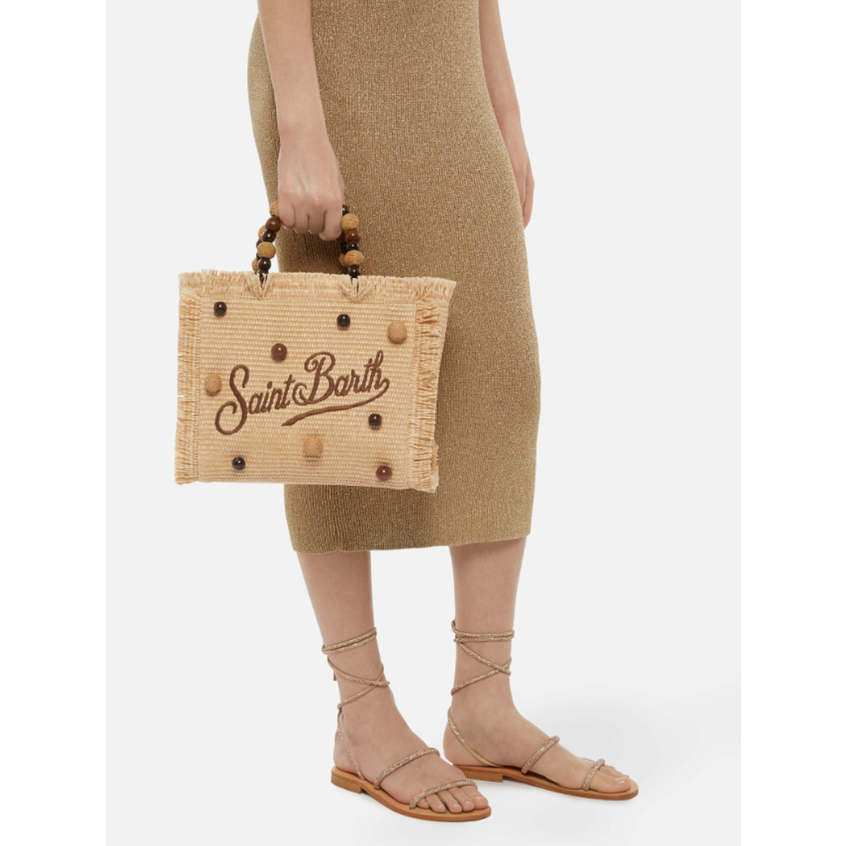 MC2 Saint Barth Colette Straw Effect Handbag with Wood Beads Handle