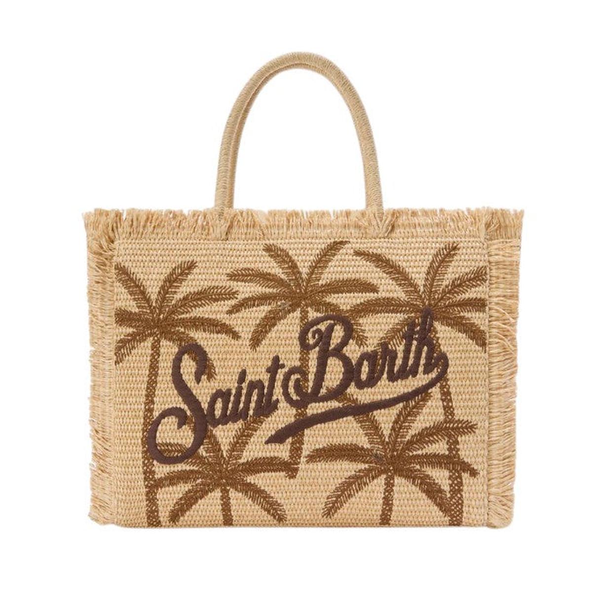 MC2 Saint Barth Vanity Straw Effect Bag in Beige and Brown with Palm Embroidery