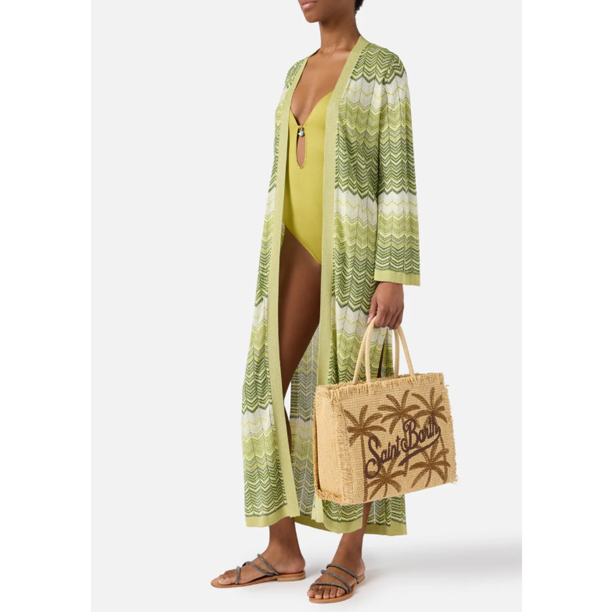 MC2 Saint Barth Vanity Straw Effect Bag in Beige and Brown with Palm Embroidery