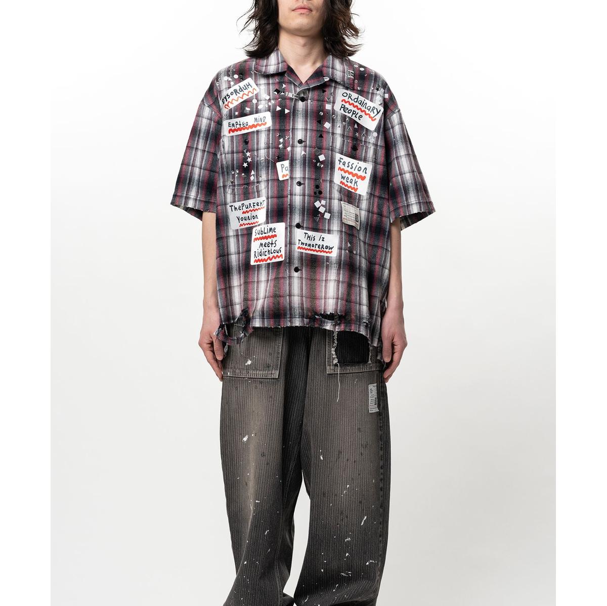 Maison Mihara Embellished Sticker Short Sleeve Check Shirt