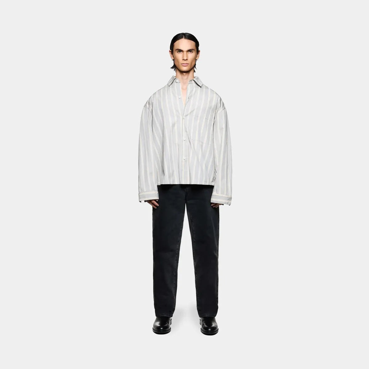 MKI Poplin Stripe Box Shirt in Light Grey